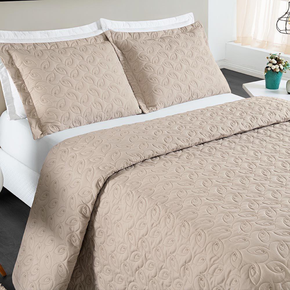 Kit Cobre Leito Colcha Tendência Queen 3 Peças Micropercal 200 Fios Bordado Premium - Cáqui - 1