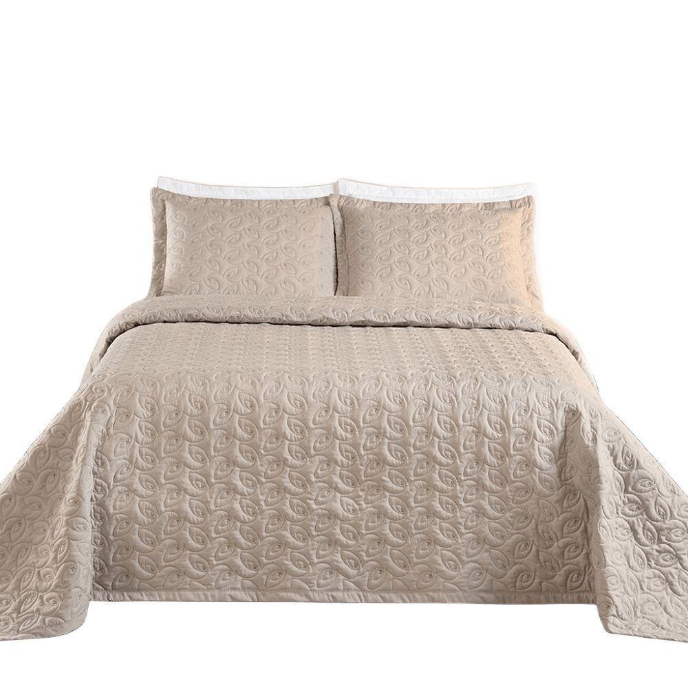 Kit Cobre Leito Colcha Tendência Queen 3 Peças Micropercal 200 Fios Bordado Premium - Cáqui - 4