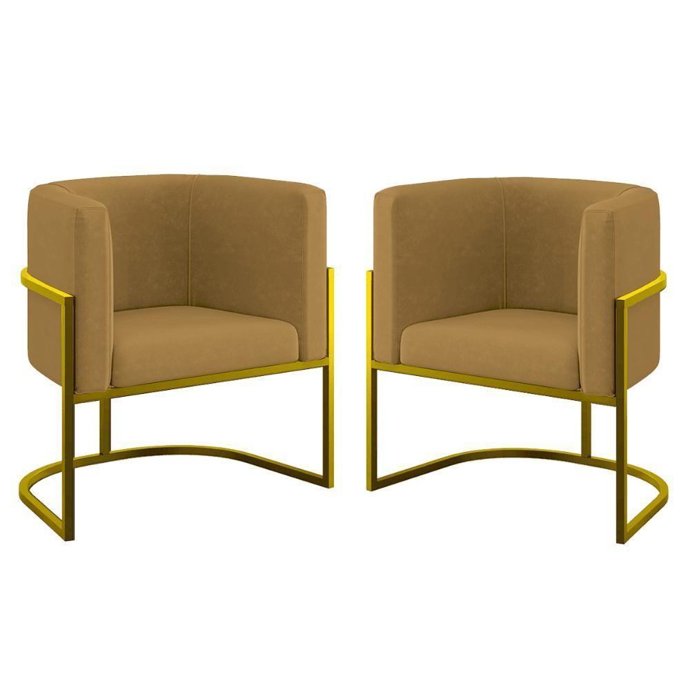 Kit 02 Poltronas Lua Sala Decorativa Base De Ferro Gold Capuccino - 1