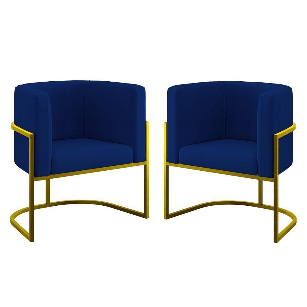 Kit 02 Poltronas Lua Sala Decorativa Base De Ferro Gold Azul Marinho - 1