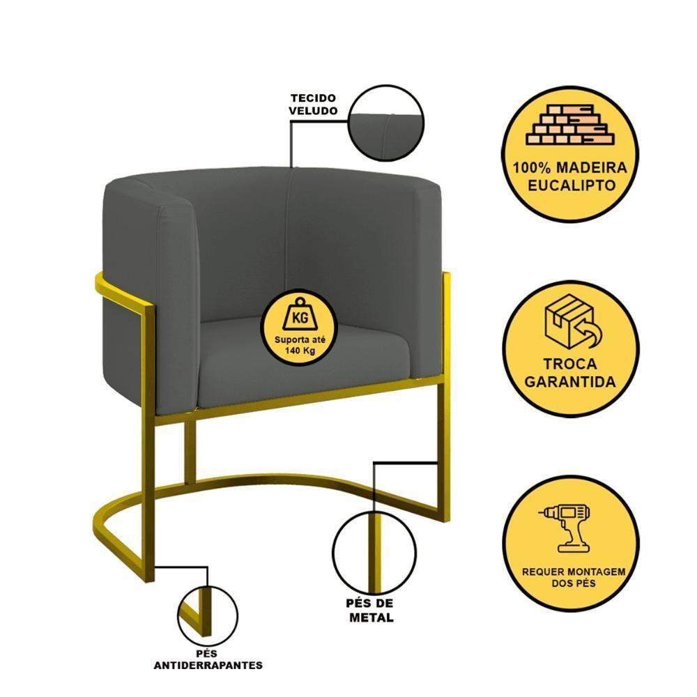 Kit 02 Poltronas Lua Sala Decorativa Base Ferro Gold Veludo Cinza - 5