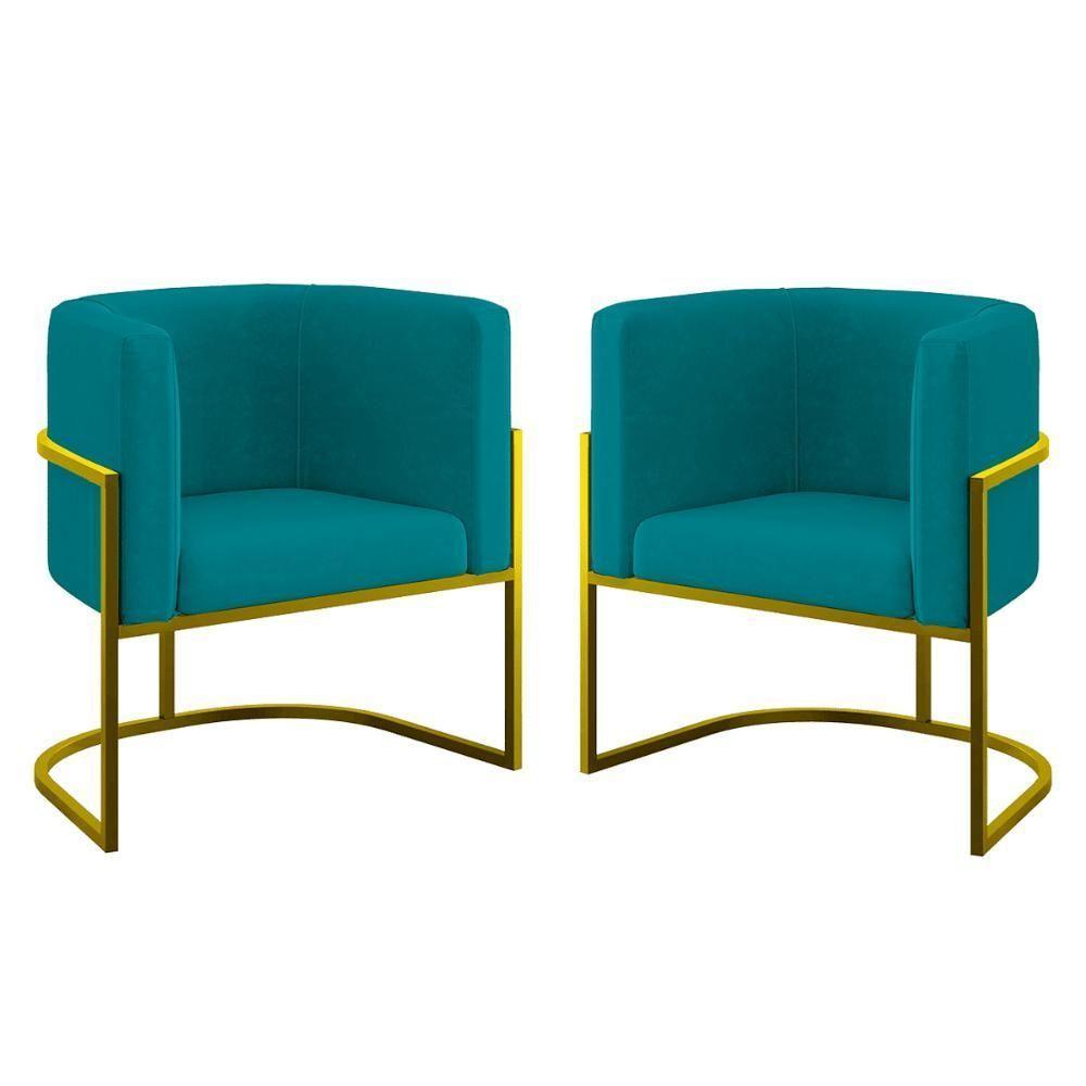 Kit 02 Poltronas Lua Sala Decorativa Base De Ferro Gold Azul Turquesa - 1
