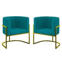 Kit 02 Poltronas Lua Sala Decorativa Base De Ferro Gold Azul Turquesa - 1