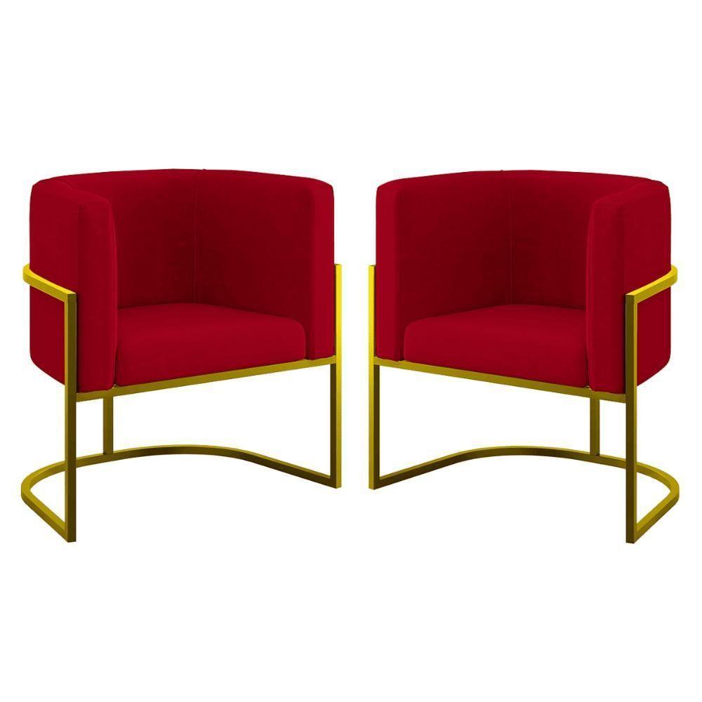 Kit 02 Poltronas Lua Sala Decorativa Base De Ferro Gold Vermelho - 1
