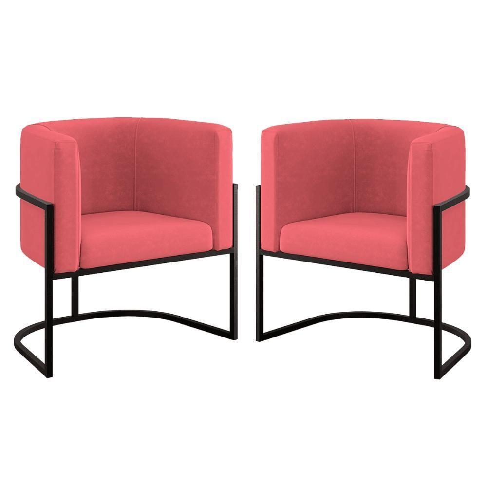 Kit 02 Poltronas Lua Com Base De Metal Black Sala Reforçada Rosa - 1