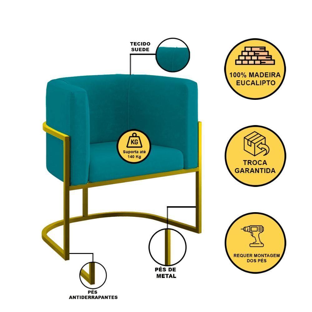 Kit 02 Poltronas Lua Com Base De Metal Gold Sala Reforçada Azul Turquesa - 5