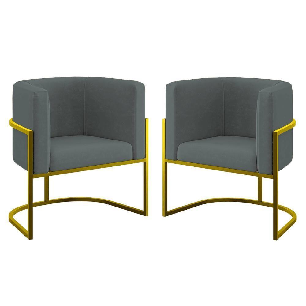 Kit 02 Poltronas Lua Com Base De Metal Gold Sala Reforçada Cinza - 1