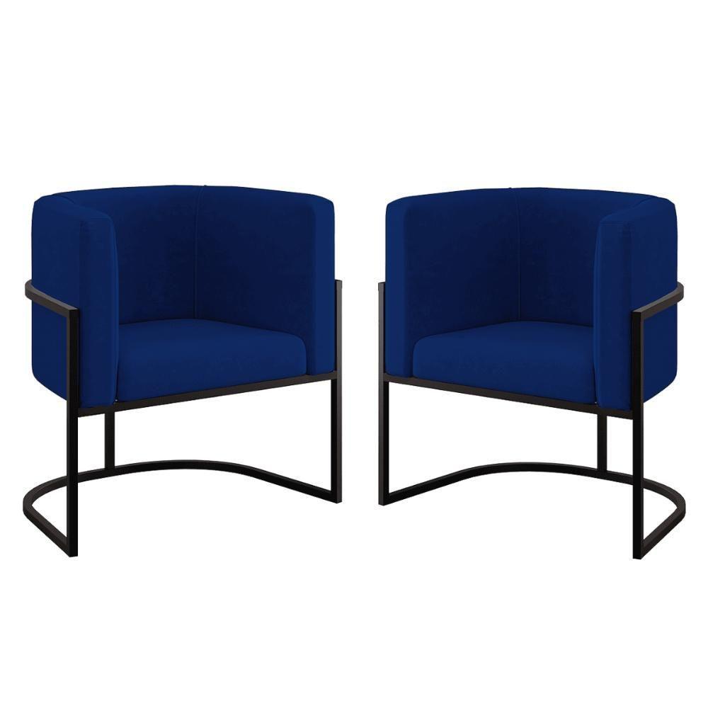 Kit 02 Poltronas Lua Com Base De Metal Black Sala Reforçada Azul Marinho - 1