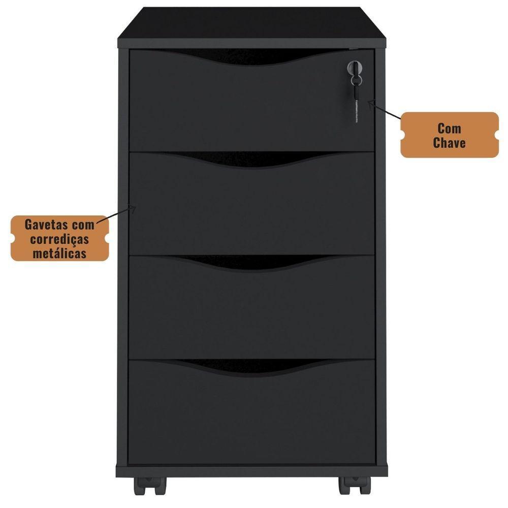 Gaveteiro Bit Para Escritório Com 4 Gavetas Preto - 3