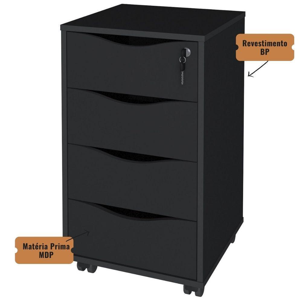 Gaveteiro Bit Para Escritório Com 4 Gavetas Preto - 9