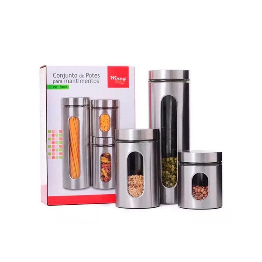 Potes Herméticos Em Vidro E Inox Conjunto 3 Peças Ideal Para Grãos E Massas - 6
