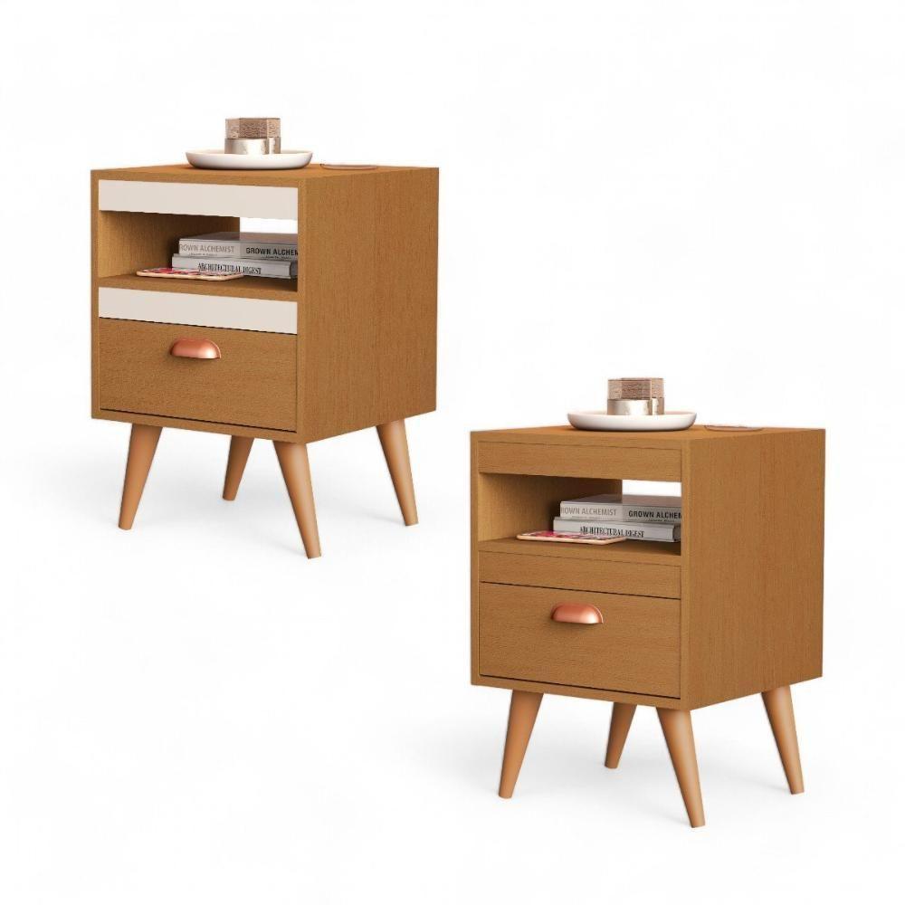 Kit 02 Mesas de Cabeceira Flex Sal Ypê e Off White Sal - 4