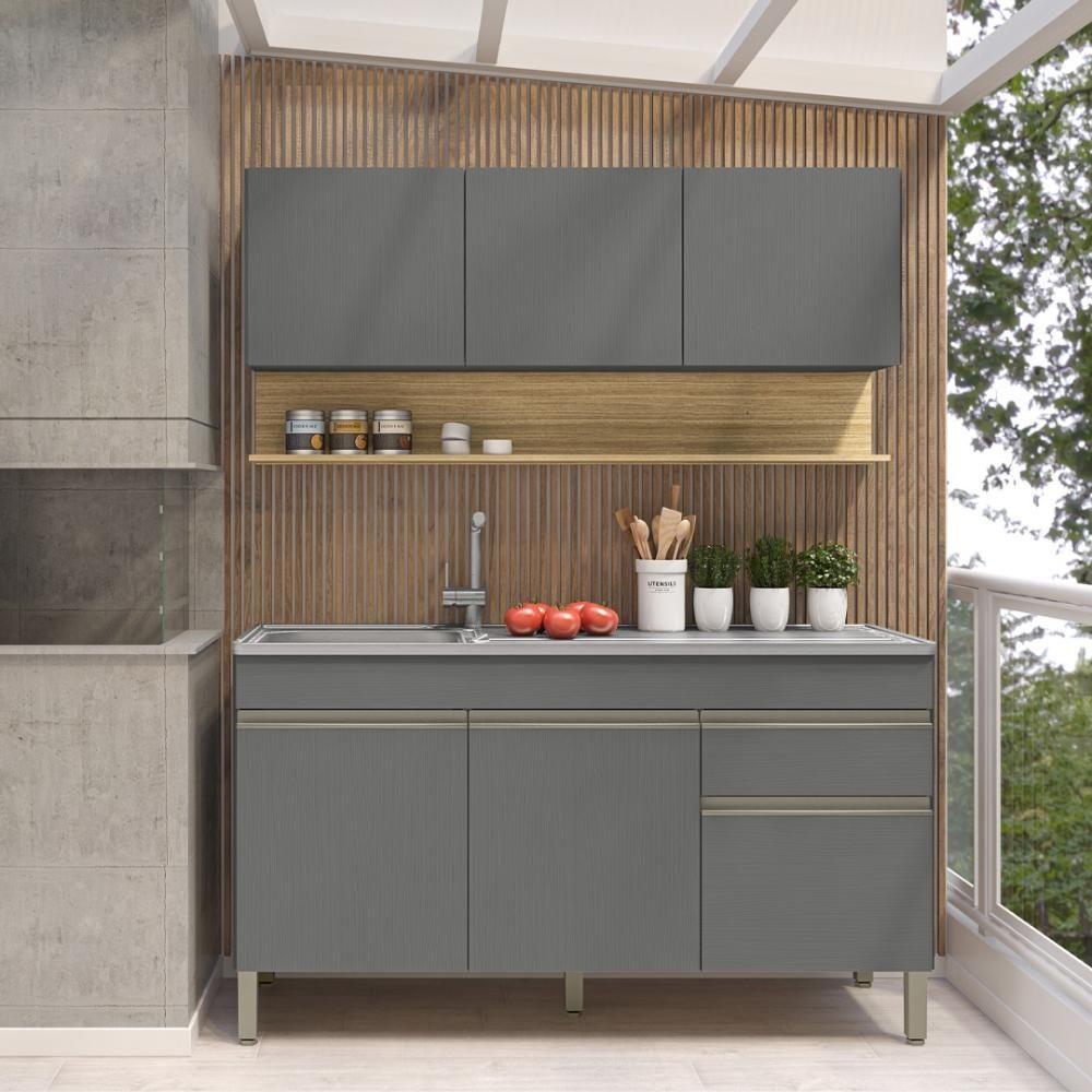 Kit Balcão De Pia Sem Tampo E Aereo 150 Cm 6 Portas 1 Gaveta Line Gris gris cp freijó - 2