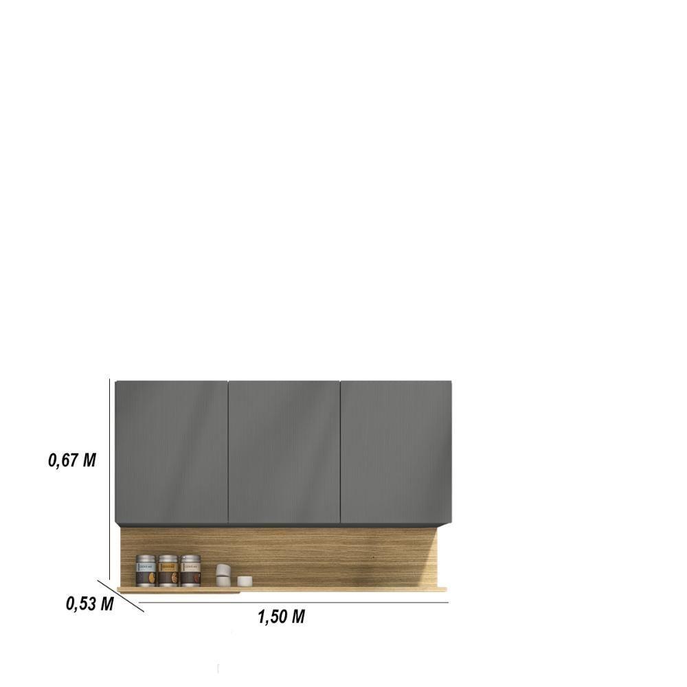 Kit Balcão De Pia Sem Tampo E Aereo 150 Cm 6 Portas 1 Gaveta Line Gris gris cp freijó - 5