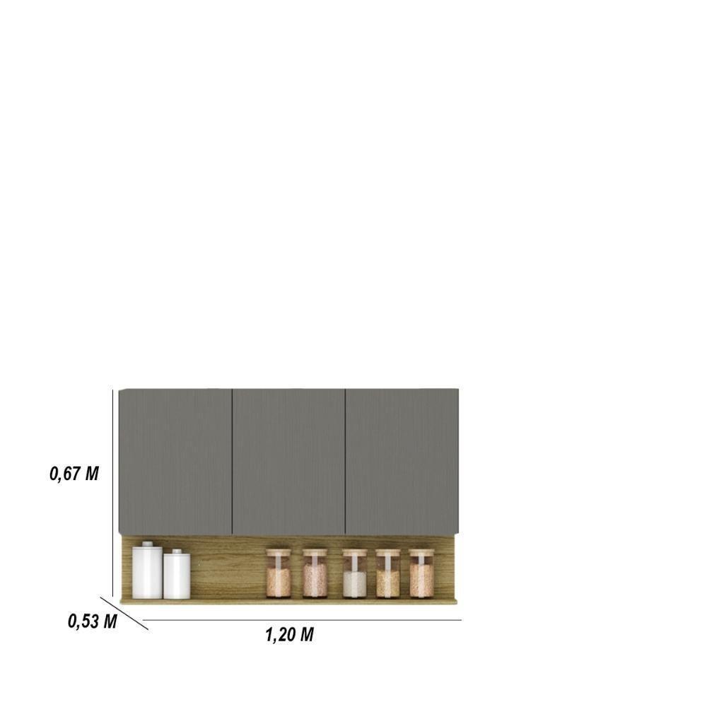 Kit Balcão De Pia Com Tampo E Aereo 120 Cm 6 Portas 1 Gaveta Line Gris gris cp freijó - 5