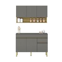 Kit Balcão De Pia Com Tampo E Aereo 120 Cm 6 Portas 1 Gaveta Line Gris gris cp freijó - 1