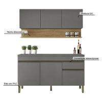 Kit Balcão De Pia Com Tampo E Aereo 150 Cm 6 Portas 1 Gaveta Line Gris gris cp freijó