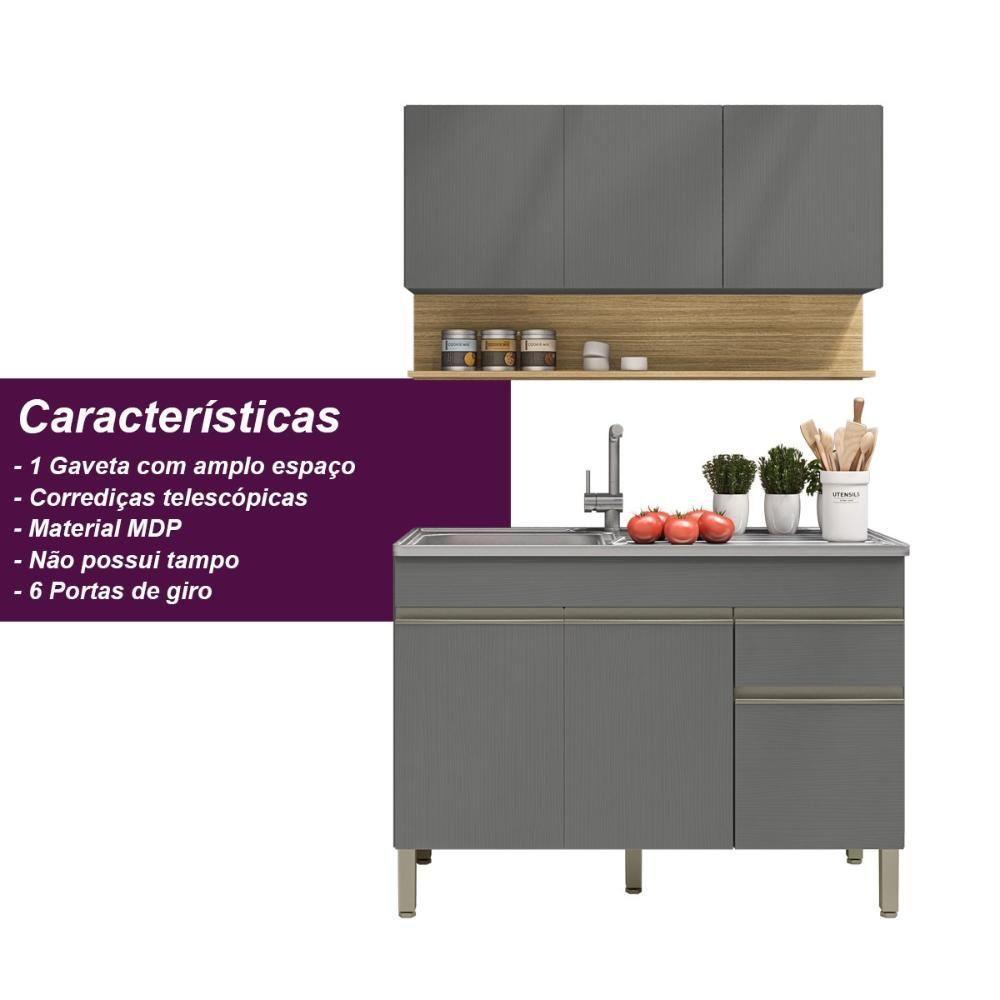 Kit Balcão De Pia Sem Tampo E Aereo 120 Cm 6 Portas 1 Gaveta Line Gris gris cp freijó - 3