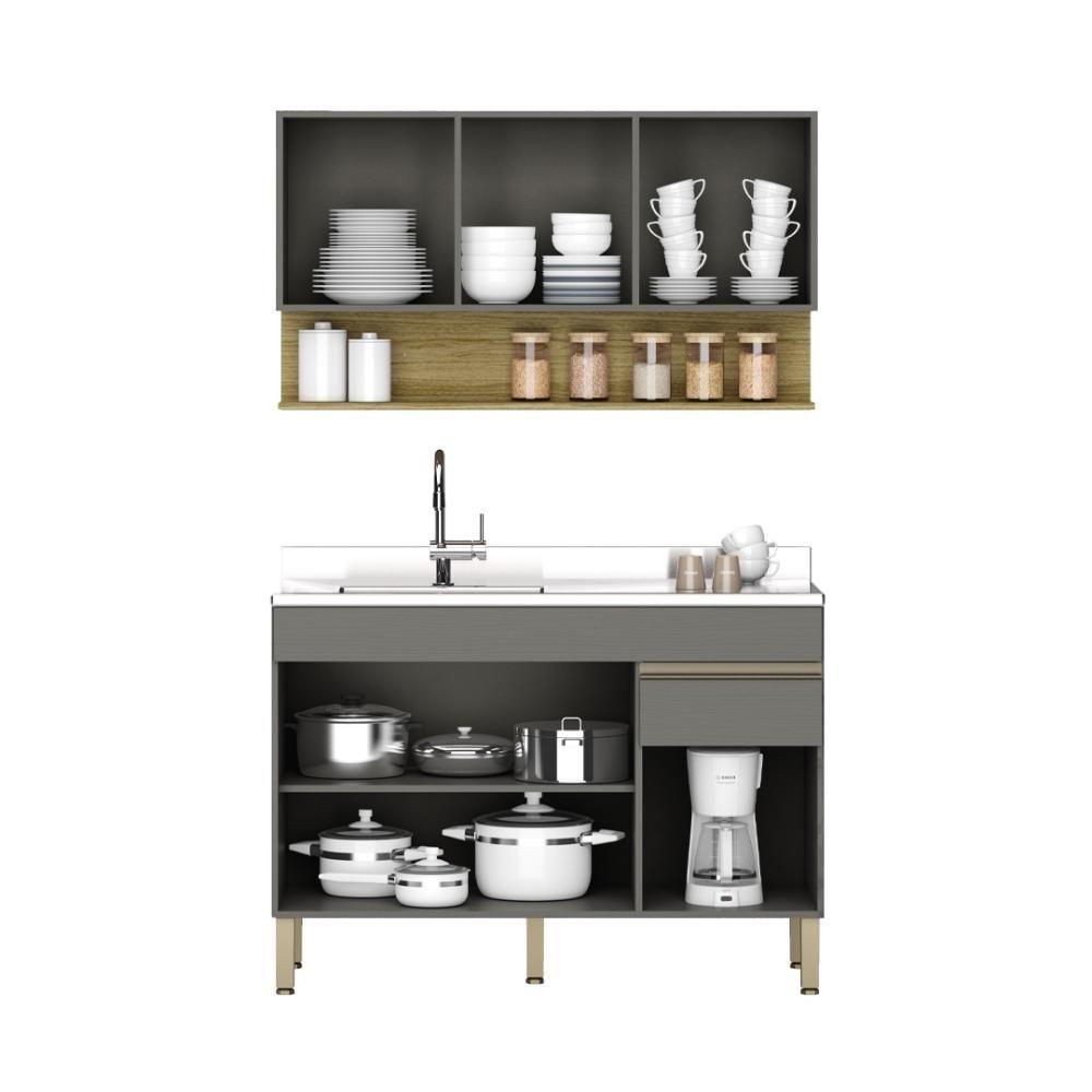 Kit Balcão De Pia Sem Tampo E Aereo 120 Cm 6 Portas 1 Gaveta Line Gris gris cp freijó - 8