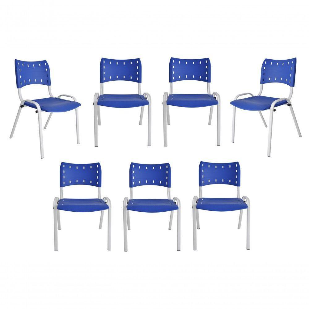 Kit 7 Cadeiras Iso Para Escola Escritório Comércio Azul Base Branca - 1