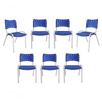 Kit 7 Cadeiras Iso Para Escola Escritório Comércio Azul Base Branca - 1
