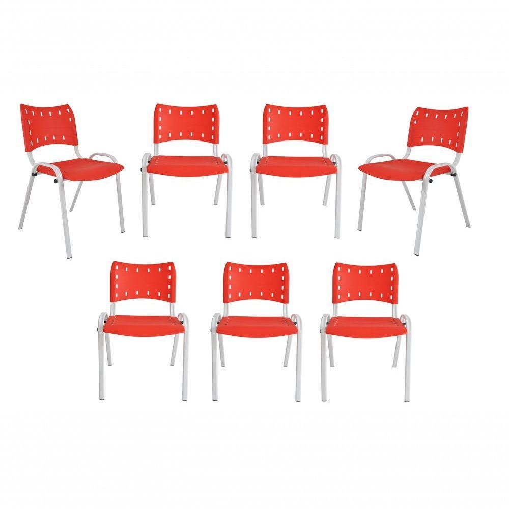 Kit 7 Cadeiras Iso Para Escola Escritório Comércio Vermelha Base Branca - 1