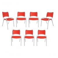 Kit 7 Cadeiras Iso Para Escola Escritório Comércio Vermelha Base Branca - 1