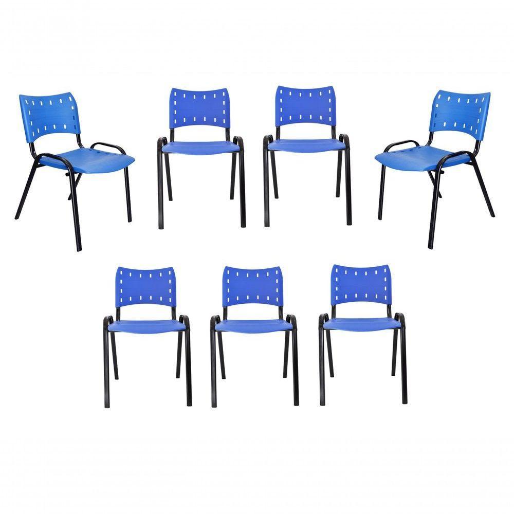 Kit 7 Cadeiras Iso Para Escola Escritório Comércio Azul Base Preta - 1