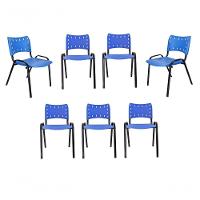 Kit 7 Cadeiras Iso Para Escola Escritório Comércio Azul Base Preta - 1