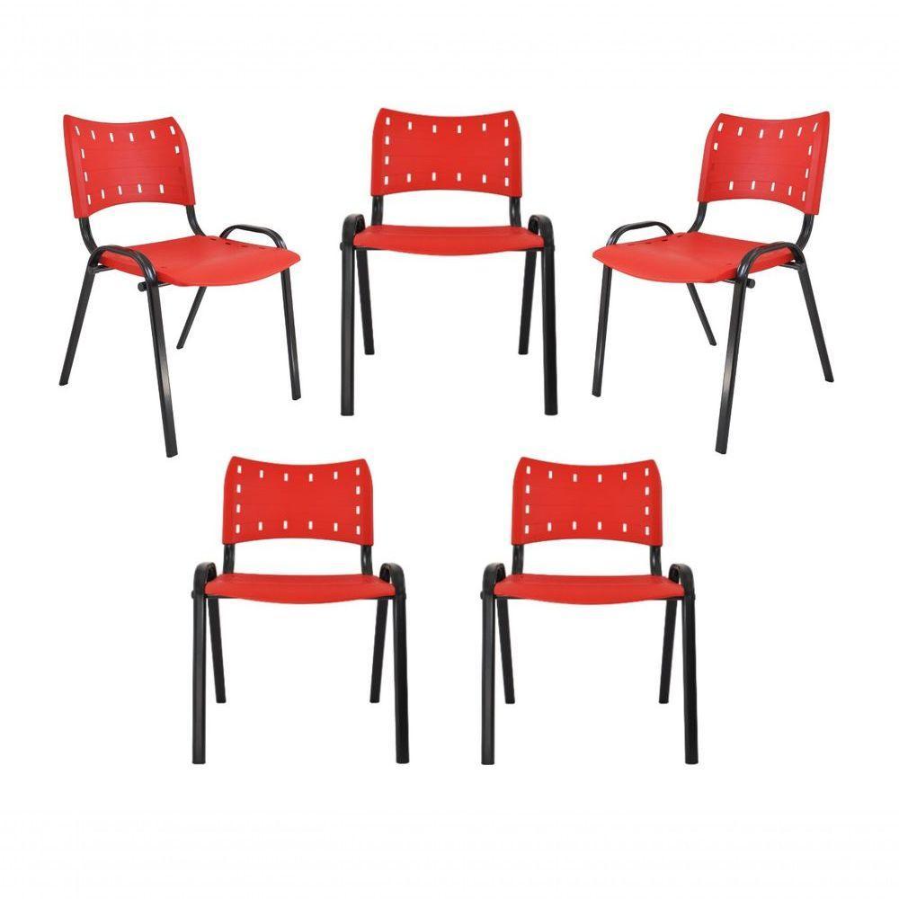 Kit 5 Cadeiras Iso Para Escola Escritório Comércio Vermelha Base Preta - 1