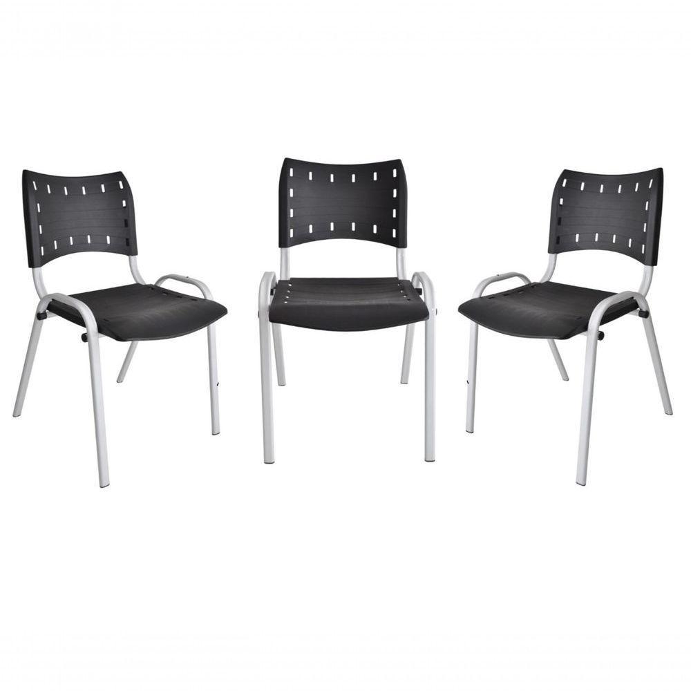 Kit 3 Cadeiras Iso Para Escola Escritório Comércio Preto Base Branca - 1