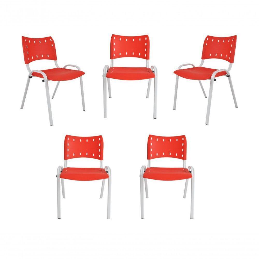 Kit 5 Cadeiras Iso Para Escola Escritório Comércio Vermelha Base Branca - 1
