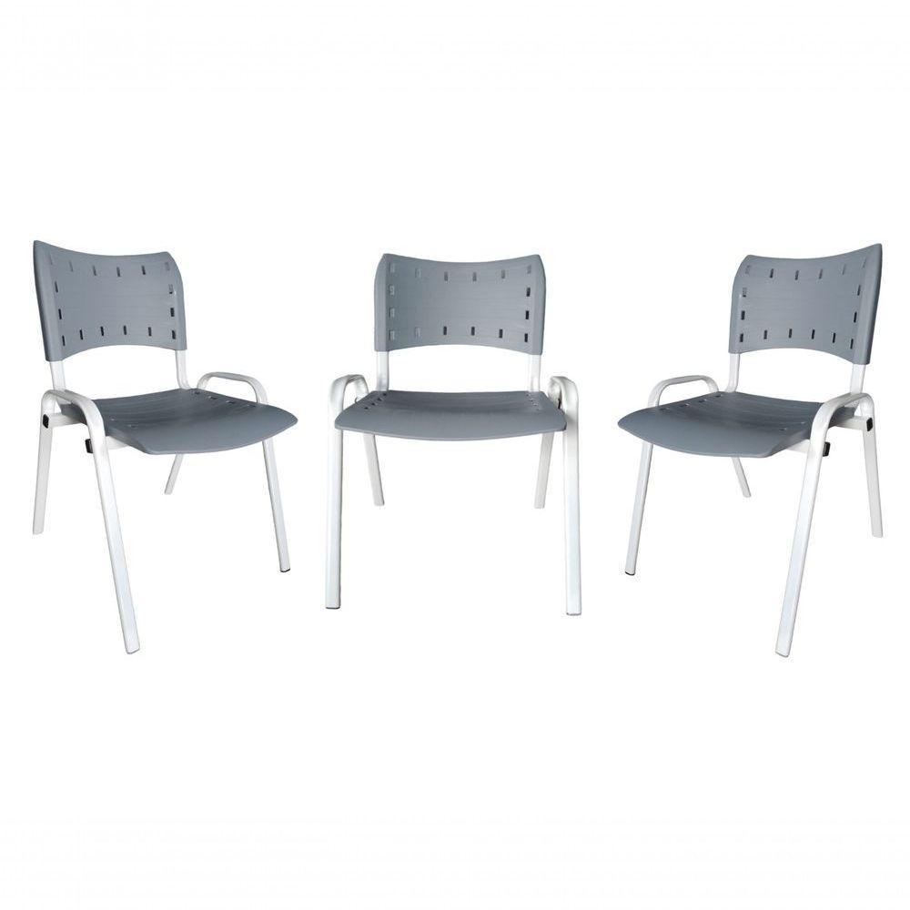 Kit 3 Cadeiras Iso Para Escola Escritório Comércio Cinza Base Branca - 1
