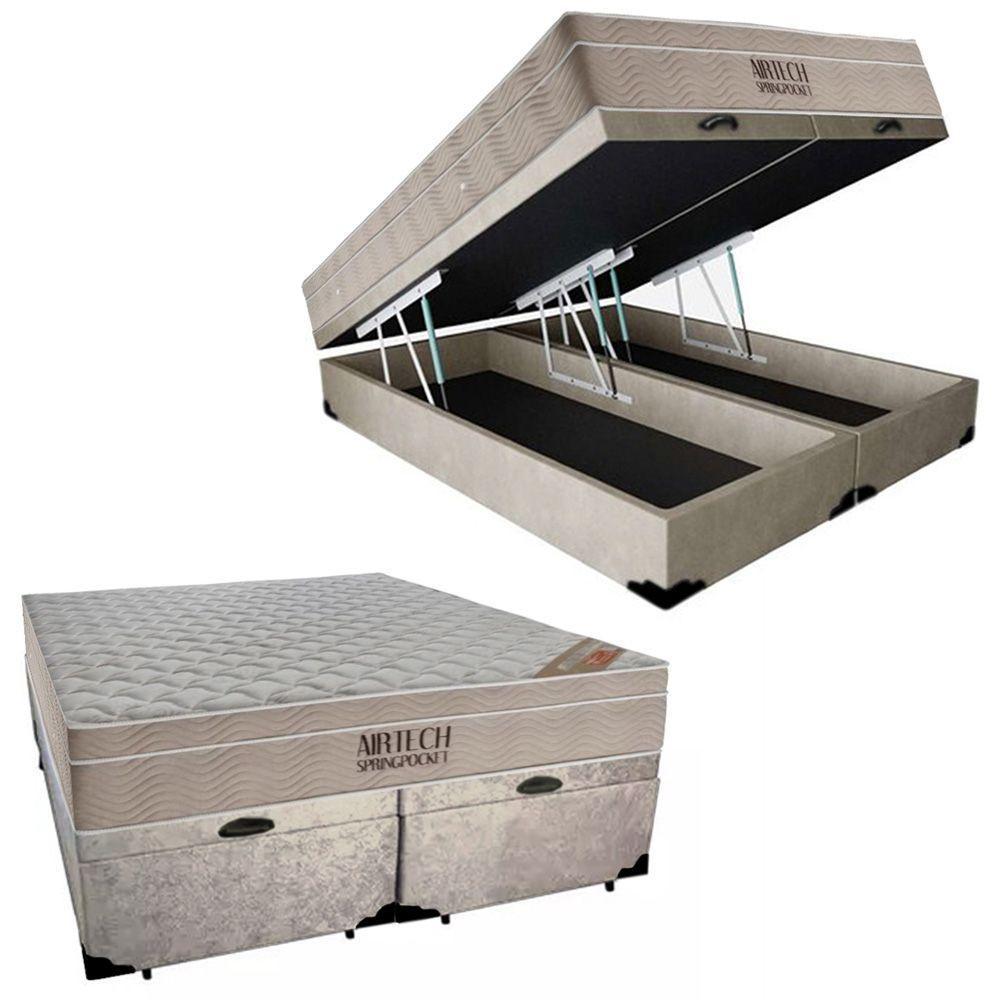 Cama Box Baú King Suede Bipartido + Colchão Ortobom Airtech Molas Ensacadas 65x193x203 Cor:bege - 1