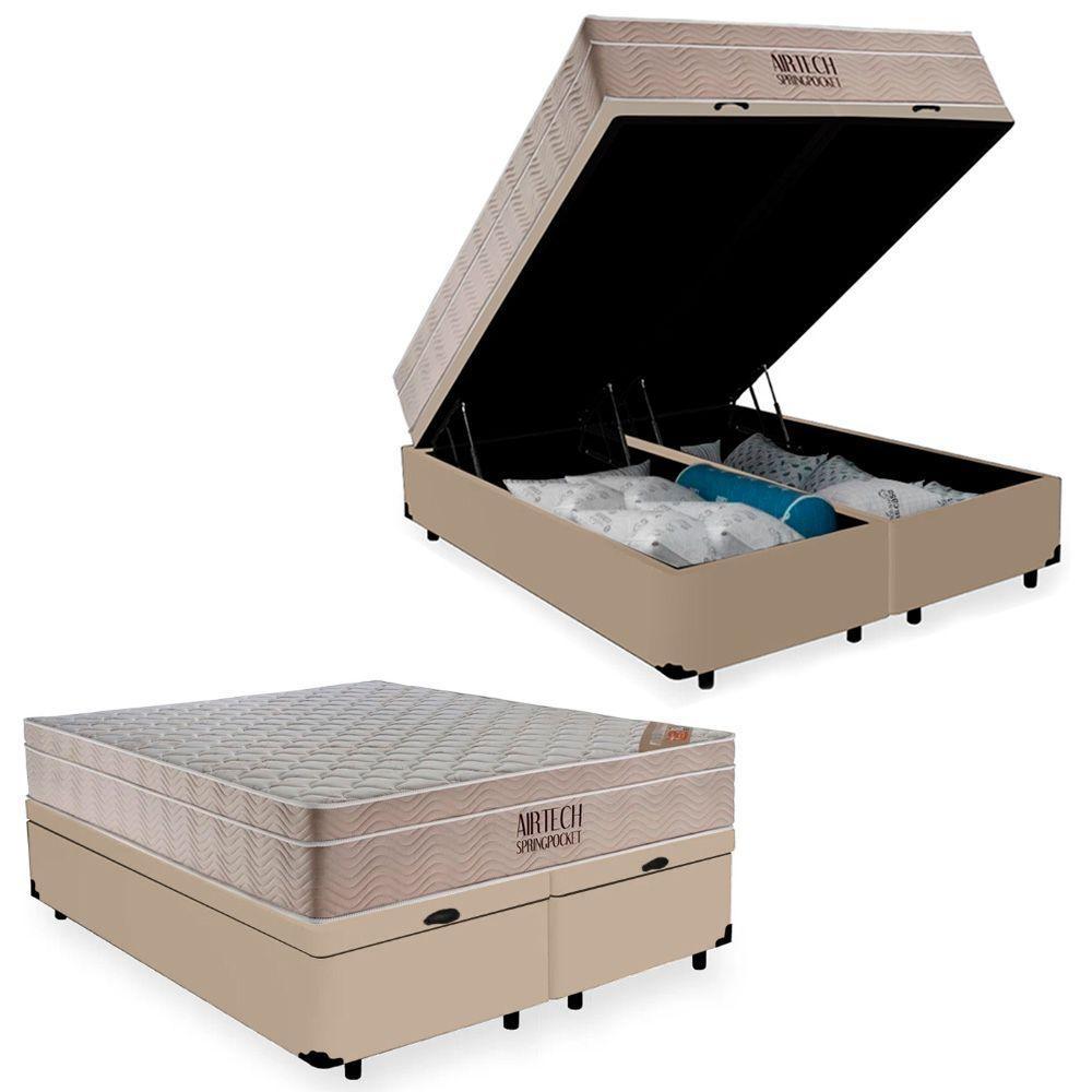 Cama Box Baú Queen Suede Bipartido + Colchão Ortobom Airtech Molas Ensacadas 65x158x198 Cor:bege - 1