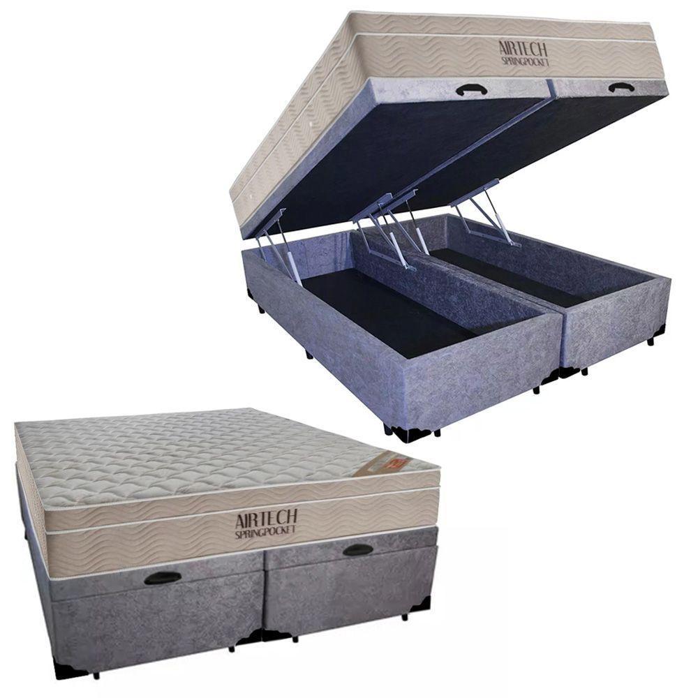 Cama Box Baú King Suede Bipartido + Colchão Ortobom Airtech Molas Ensacadas 65x193x203 Cor:cinza - 1