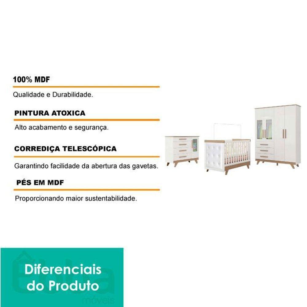 Quarto Infantil Retrô Berço Cama, Cômoda 4 Gavetas E Roupeiro 4 Portas Com Janela Branco/carvalho - 2