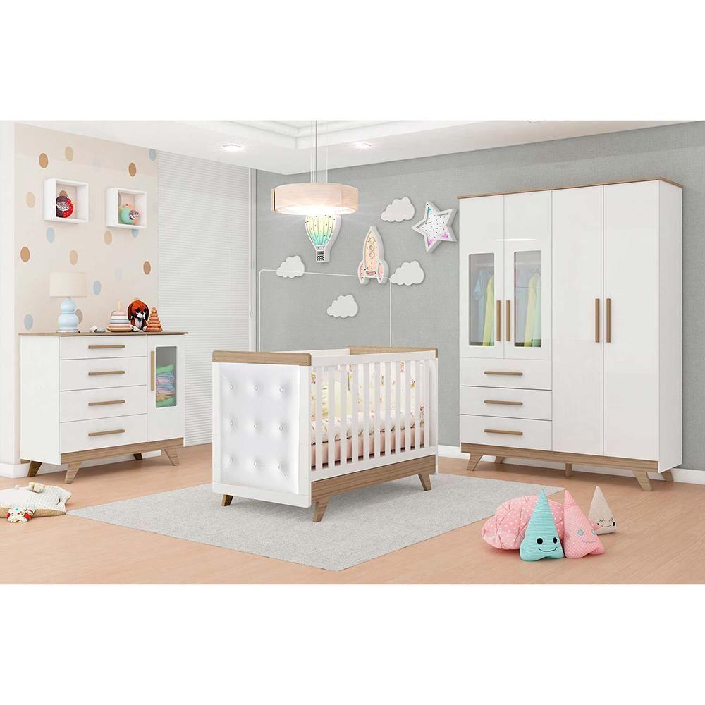 Quarto Infantil Retrô Berço Cama, Cômoda 4 Gavetas E Roupeiro 4 Portas Com Janela Branco/carvalho - 5