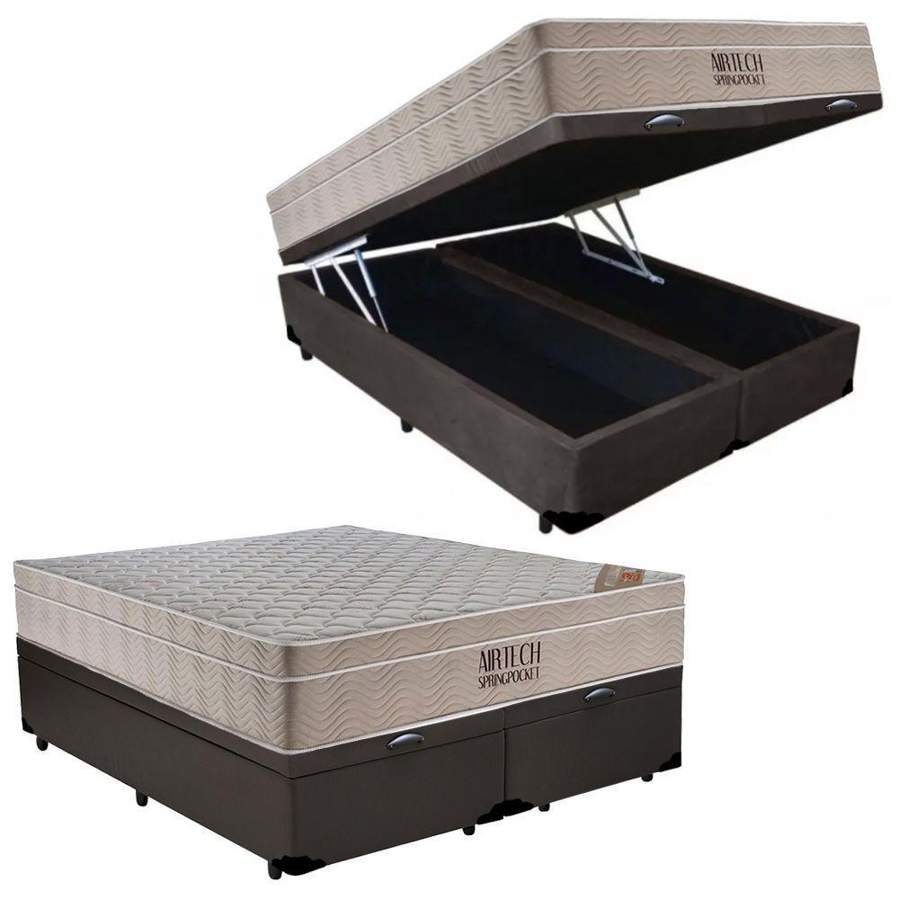 Cama Box Baú Casal Bipartido Sintético + Colchão Ortobom Airtech Molas Ensacadas 65x138x188 Marrom - 1
