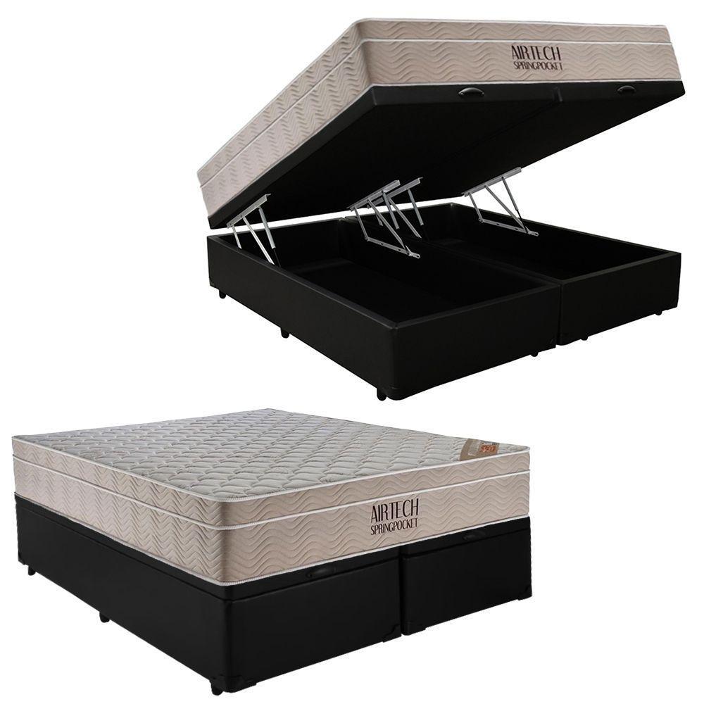 Cama Box Baú Casal Bipartido Sintético + Colchão Ortobom Airtech Molas Ensacadas 65x138x188 Preto - 1