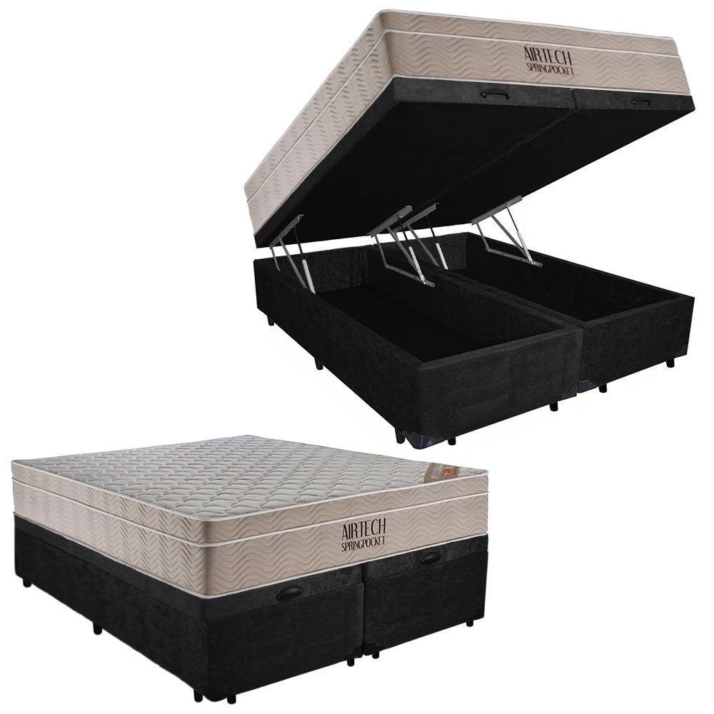 Cama Box Baú Casal Suede Bipartido + Colchão Ortobom Airtech Molas Ensacadas 65x138x188 Preto - 1