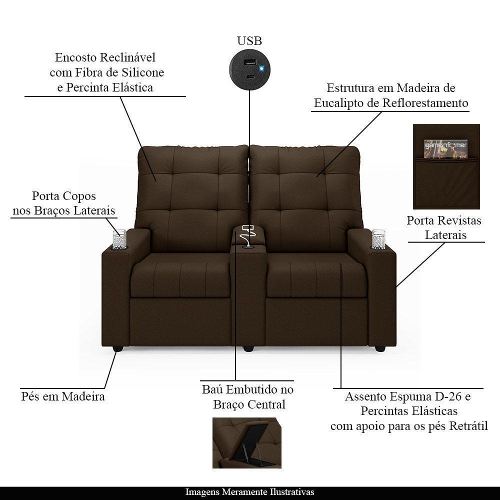 Poltrona Do Papai Reclinável Sala De Cinema 2 Lugares Manual Baú Usb Veludo Marrom - 4