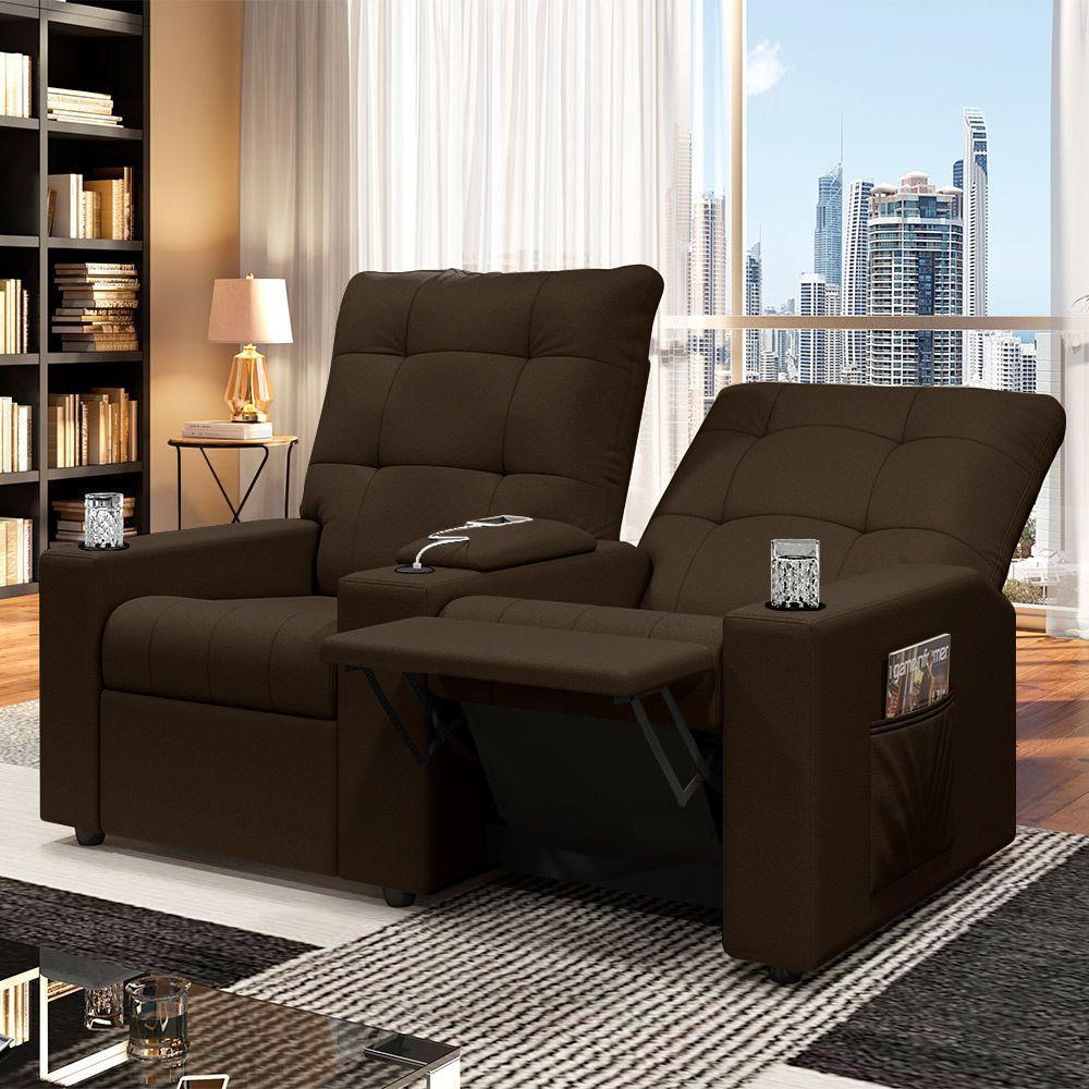 Poltrona Do Papai Reclinável Sala De Cinema 2 Lugares Manual Baú Usb Veludo Marrom - 5