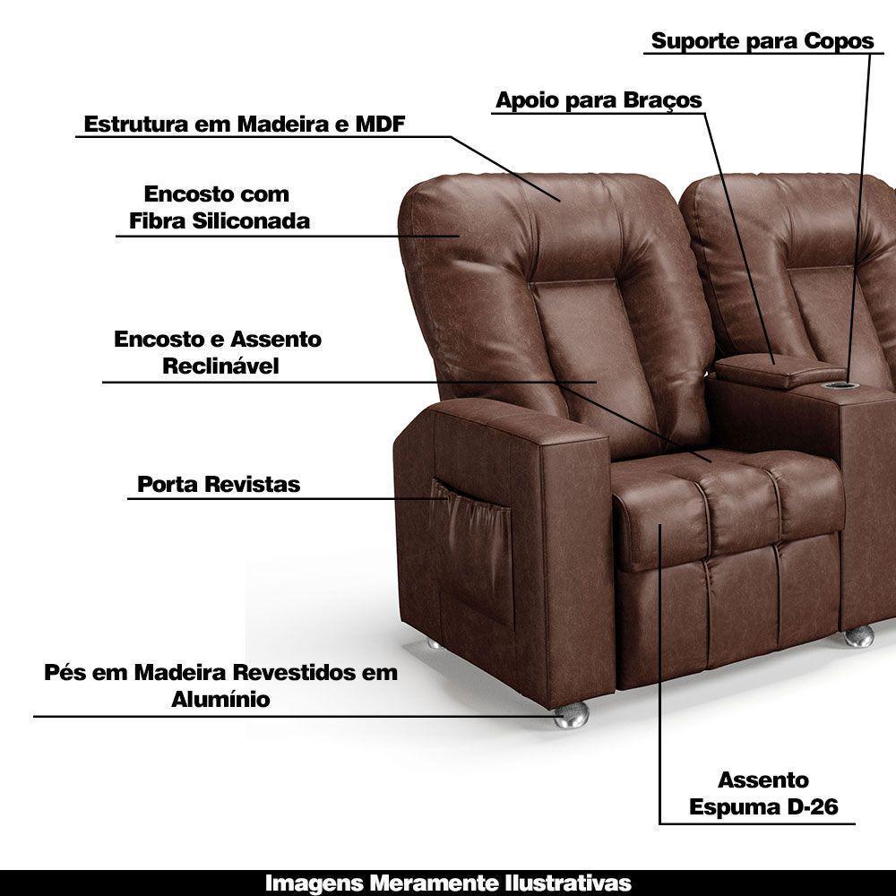 Poltrona Do Papai Reclinável 3 Lugares Sala De Cinema Arsenal Manual Pu Marrom - 6