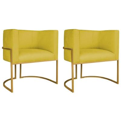 Kit 02 Poltronas Decorativas Luna Base De Ferro Dourado Suede Amarelo