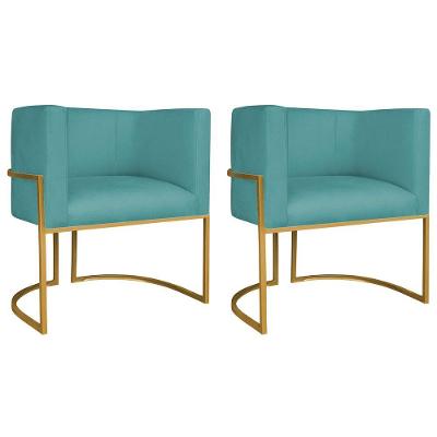 Kit 02 Poltronas Decorativas Luna Base De Ferro Dourado Suede Azul Turquesa