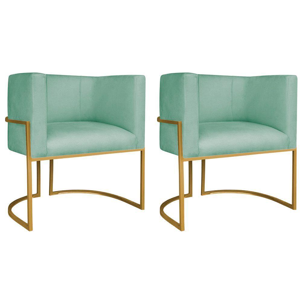 Kit 02 Poltronas Decorativas Luna Base De Ferro Dourado Suede Azul Tiffany - 1