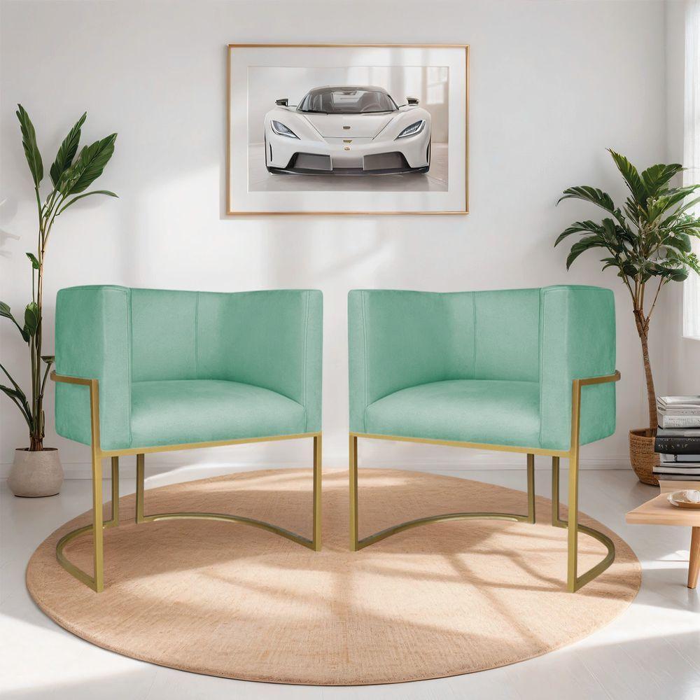 Kit 02 Poltronas Decorativas Luna Base De Ferro Dourado Suede Azul Tiffany - 2