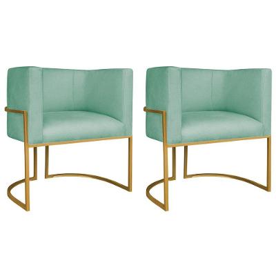 Kit 02 Poltronas Decorativas Luna Base De Ferro Dourado Suede Azul Tiffany