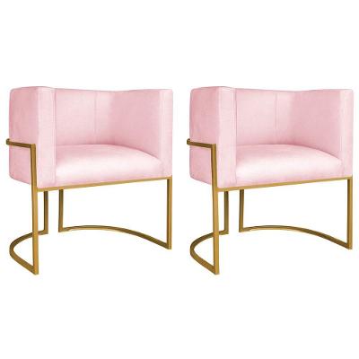 Kit 02 Poltronas Decorativas Luna Base De Ferro Dourado Suede Rosa Bebê
